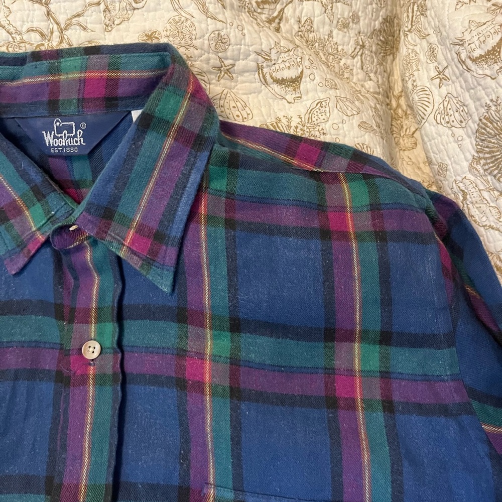 Woolrich Mens L Blue Plaid Colorful Flannel Forestcore Button Down Shirt Spring